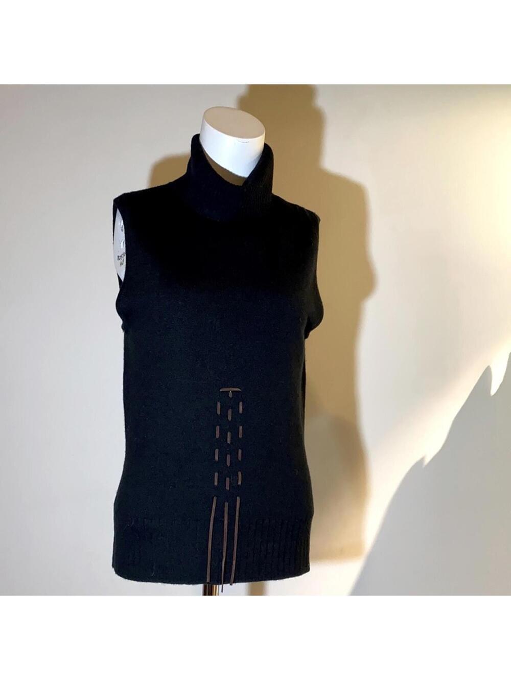 VTG Last Woman Black Sleeveless Turtleneck Suede Trim M/L